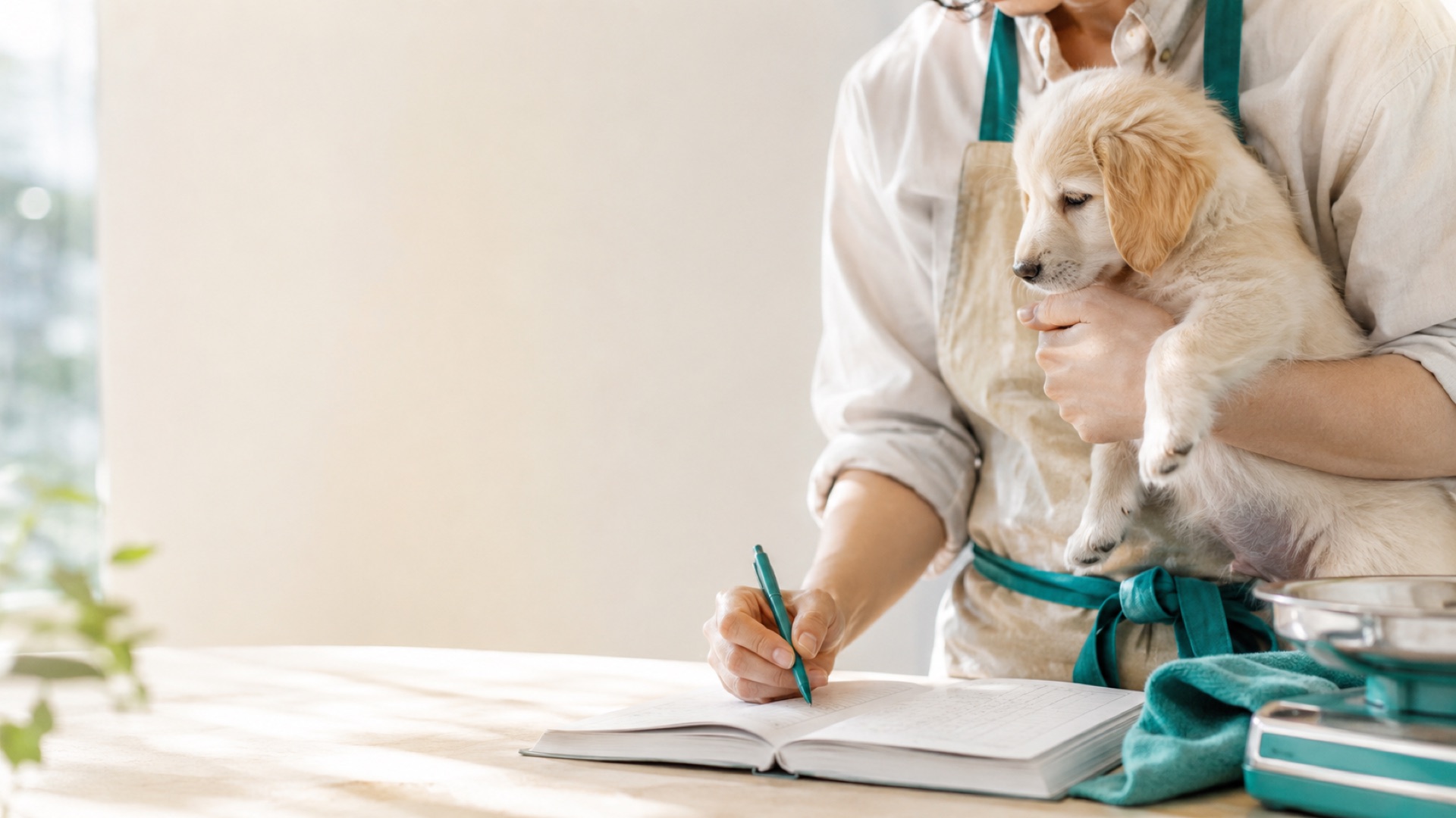 子犬を抱きながら、開いた台帳に記録を書き込む保護団体のスタッフ。手元には体重計とタオルが置かれている。