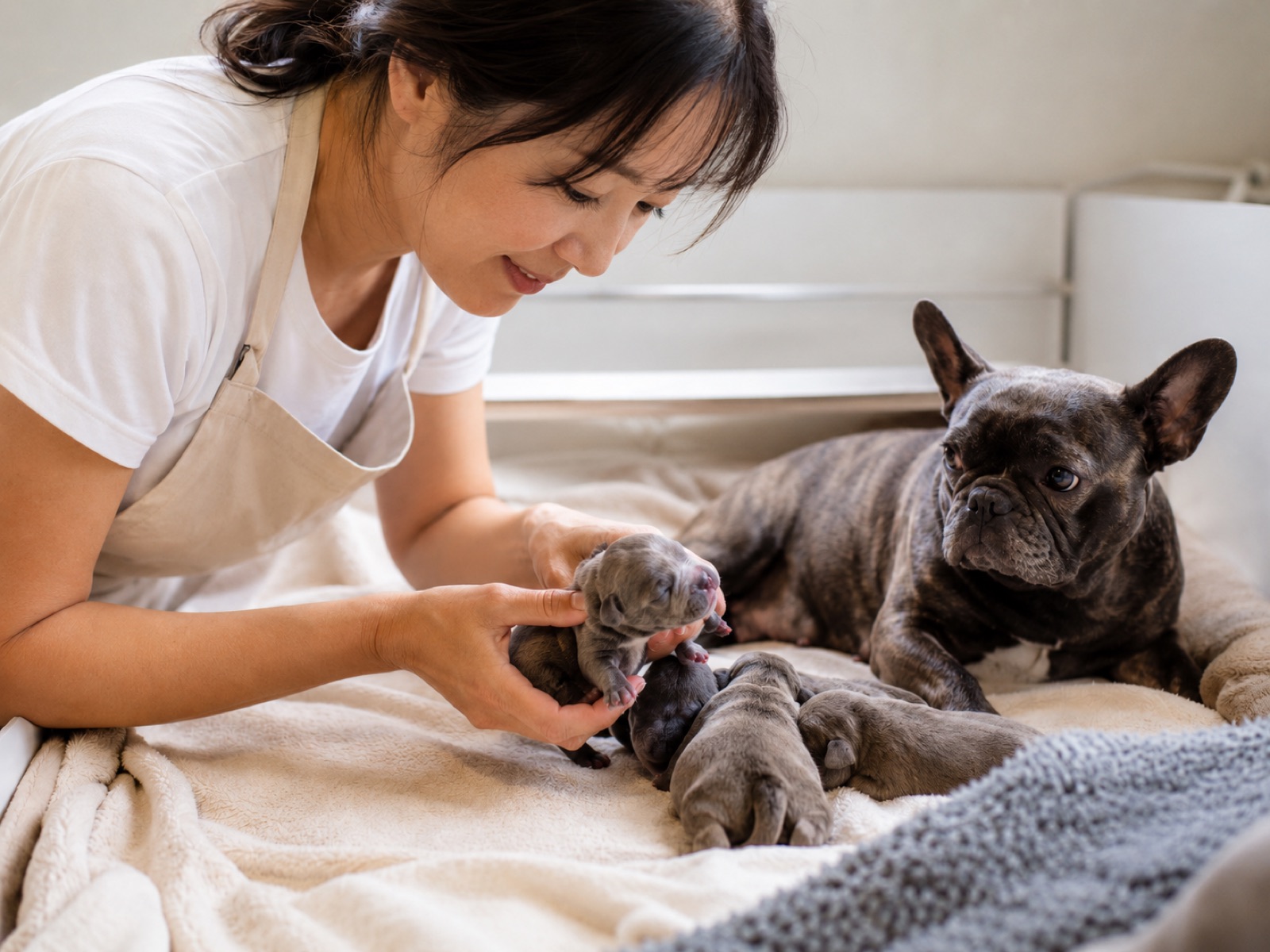 生まれたばかりの子犬を手のひらにのせて見守るブリーダーと、そばに寄り添う母犬。